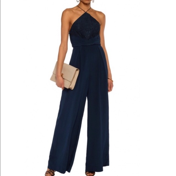 Zimmermann Pants - ZIMMERMAN Navy Lace Panel Silk Wide Leg Jumpsuit